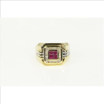 14K 1.00 Ctw Princess Syn. Ruby Diamond Squared Yellow Gold Ring, Size 11