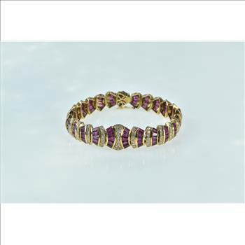 14K 10.00 Ctw Diamond Syn. Ruby Striped Encrusted Yellow Gold Bracelet 6.5