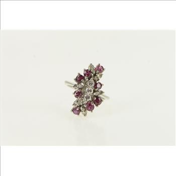 14K 1.10 Ctw Diamond Ruby Vintage Cluster White Gold Ring, Size 4.5