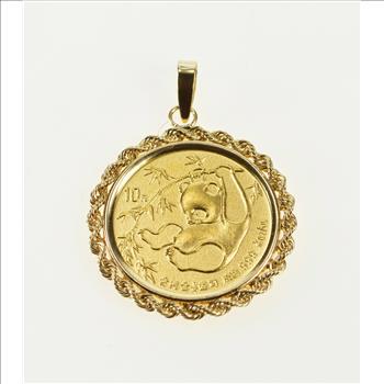 14K 1/10th Oz Golden Panda Coin Rope Trim Yellow Gold Charm/Pendant