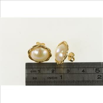 14K 12.3mm Pearl Twist Trim Vintage Stud Yellow Gold Earrings