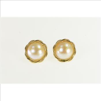 14K 12.3mm Pearl Twist Trim Vintage Stud Yellow Gold Earrings