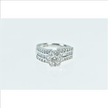 14K 1.25 Ctw Diamond Flower Cluster Engagement White Gold Ring, Size 6.75