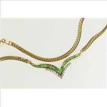 14K 1.25 Ctw Emerald Diamond Chevron Chain Yellow Gold Necklace 15