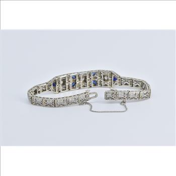 14K 1.30Ctw OEC Nat Diamond Syn Sapphire Filigree White Gold Bracelet 6.5
