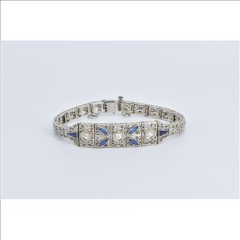 14K 1.30Ctw OEC Nat Diamond Syn Sapphire Filigree White Gold Bracelet 6.5