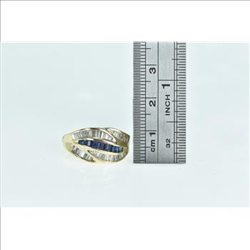 14K 1.34 Ctw Baguette Diamond Sapphire Wavy Yellow Gold Ring, Size 6.25