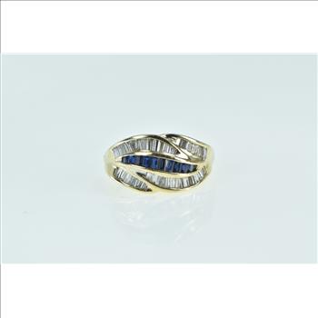 14K 1.34 Ctw Baguette Diamond Sapphire Wavy Yellow Gold Ring, Size 6.25