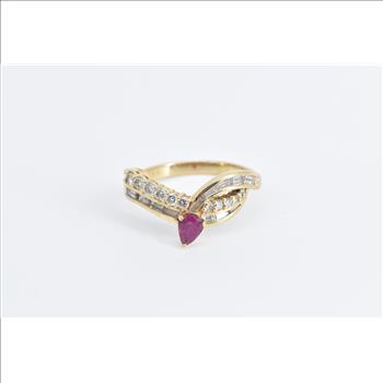 14K 1.40 Ctw Pear Ruby Diamond Chevron Band Yellow Gold Ring, Size 8.5