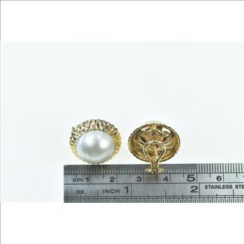 14K 14.0mm Pearl Vintage Statement French Clip Yellow Gold Earrings