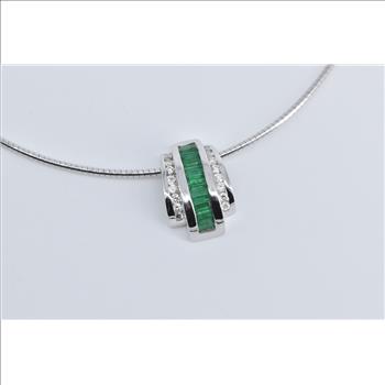 14K 1.50 Ctw Baguette Emerald Diamond Cocoon White Gold Necklace 16