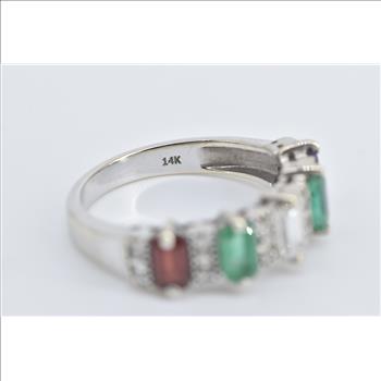 14K 1.50 Ctw Emerald Garnet Amethyst Diamond Band White Gold Ring, Size 7
