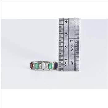 14K 1.50 Ctw Emerald Garnet Amethyst Diamond Band White Gold Ring, Size 7