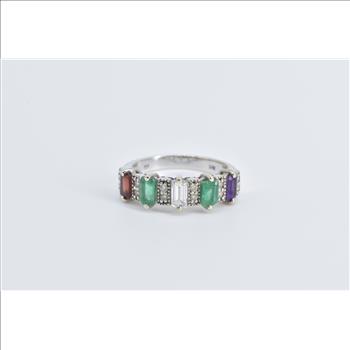 14K 1.50 Ctw Emerald Garnet Amethyst Diamond Band White Gold Ring, Size 7