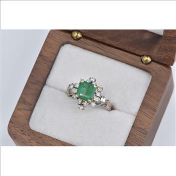 14K 1.50 Ctw Natural Emerald Diamond Engagement Yellow Gold Ring, Size 6.5