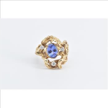 14K 1.65 Ctw Tanzanite Diamond Tree Freeform Yellow Gold Ring, Size 8.25
