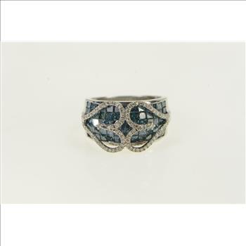 14K 1.75 Ctw Blue and White Diamond Heart White Gold Ring, Size 7.25