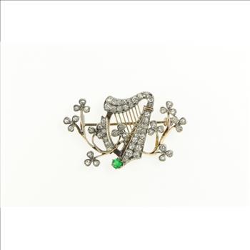 14K 1.80 Ctw Diamond Emerald Clover Blossom Yellow Gold Pin/Brooch