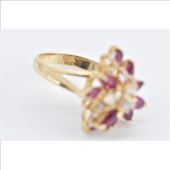 14K 1.90 Ctw Diamond Marquise Ruby Cluster Yellow Gold Ring, Size 5.5