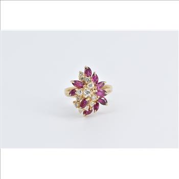 14K 1.90 Ctw Diamond Marquise Ruby Cluster Yellow Gold Ring, Size 5.5