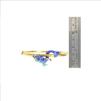 14K 1930's Diamond Blue Enamel Fish Bangle Yellow Gold Bracelet 6.75”