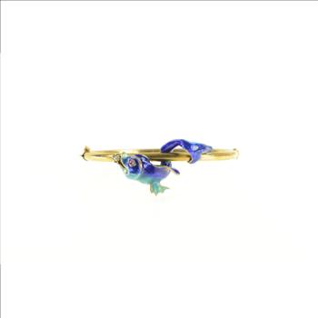14K 1930's Diamond Blue Enamel Fish Bangle Yellow Gold Bracelet 6.75”