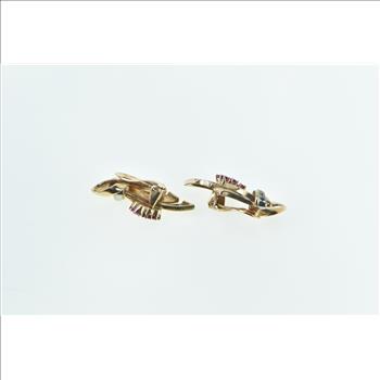 14K 1930's Ruby Diamond Swirl Loop Clip Back Yellow Gold Earrings