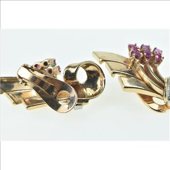 14K 1930's Ruby Diamond Swirl Loop Clip Back Yellow Gold Earrings