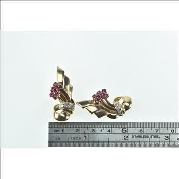 14K 1930's Ruby Diamond Swirl Loop Clip Back Yellow Gold Earrings
