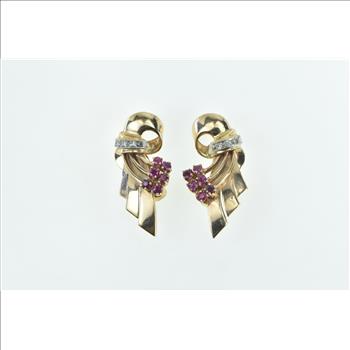 14K 1930's Ruby Diamond Swirl Loop Clip Back Yellow Gold Earrings