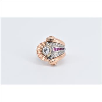 14K 1930's Scallop Sea Shell Ruby CZ Diamond Rose Gold Ring, Size 3.5