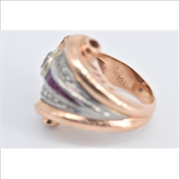 14K 1930's Scallop Sea Shell Ruby CZ Diamond Rose Gold Ring, Size 3.5