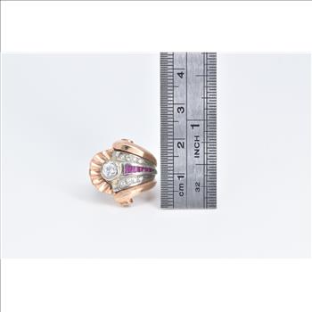 14K 1930's Scallop Sea Shell Ruby CZ Diamond Rose Gold Ring, Size 3.5