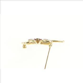 14K 1930's Syn. Ruby Diamond Accent Bow Ribbon Yellow Gold Pin/Brooch