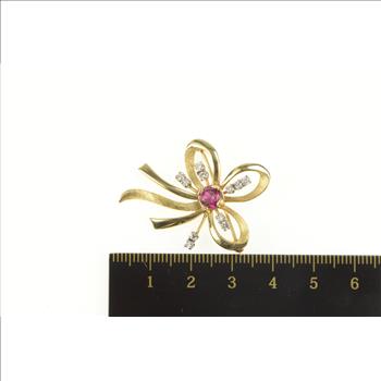 14K 1930's Syn. Ruby Diamond Accent Bow Ribbon Yellow Gold Pin/Brooch