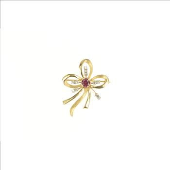 14K 1930's Syn. Ruby Diamond Accent Bow Ribbon Yellow Gold Pin/Brooch