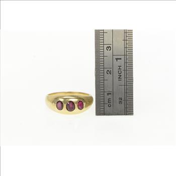 14K 1930's Three Stone Natural Ruby Domed Yellow Gold Ring, Size 7.25