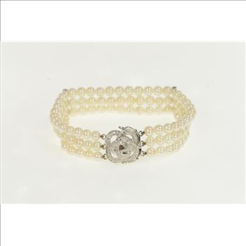 14K 1940's Diamond Pearl Ornate Swirl Layered White Gold Bracelet 8
