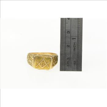 14K 1940's Masonic Ornate G Compass Square Yellow Gold Ring, Size 11.25