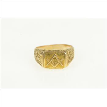 14K 1940's Masonic Ornate G Compass Square Yellow Gold Ring, Size 11.25