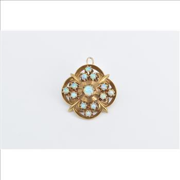 14K 1940's Natural Opal Quatrefoil Statement Yellow Gold Pendant/Pin