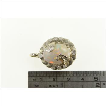 14K 1940's Opal Diamond Elaborate Floral Leaf White Gold Pendant