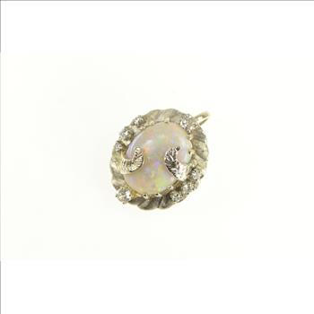 14K 1940's Opal Diamond Elaborate Floral Leaf White Gold Pendant