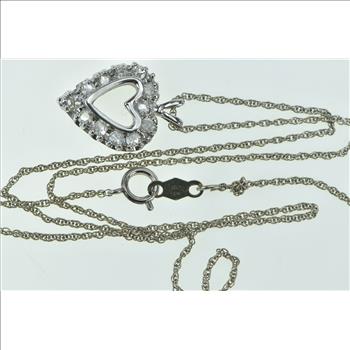 14K 1950's 0.36 Ctw Diamond Heart Classic Chain White Gold Necklace 17.5