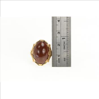 14K 1950's Carnelian Cabochon Vintage Floral Yellow Gold Ring, Size 9