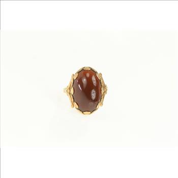 14K 1950's Carnelian Cabochon Vintage Floral Yellow Gold Ring, Size 9
