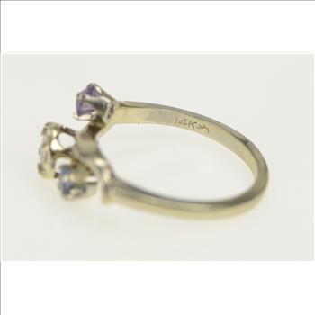 14K 1950's Diamond Ruby Blue Topaz Bypass White Gold Ring, Size 5.5