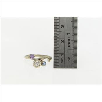 14K 1950's Diamond Ruby Blue Topaz Bypass White Gold Ring, Size 5.5