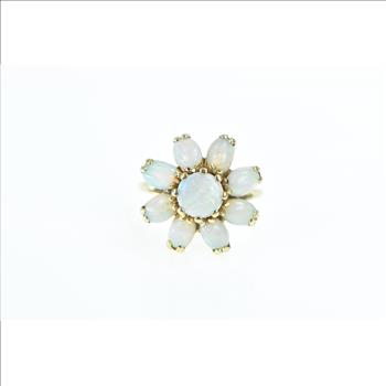 14K 1950's Opal Flower Vintage Round Cluster Yellow Gold Ring, Size 6.25