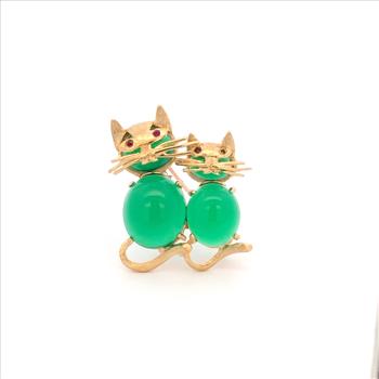 14K 1960's Green Glass Ruby Kitty Cats Kittens Yellow Gold Pin/Brooch
